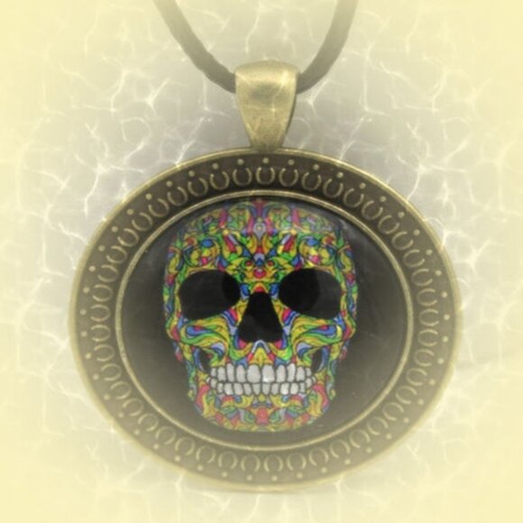 Rose Sugar Skull Cabochon Unisex Pendant Necklace - Picture 4 of 5